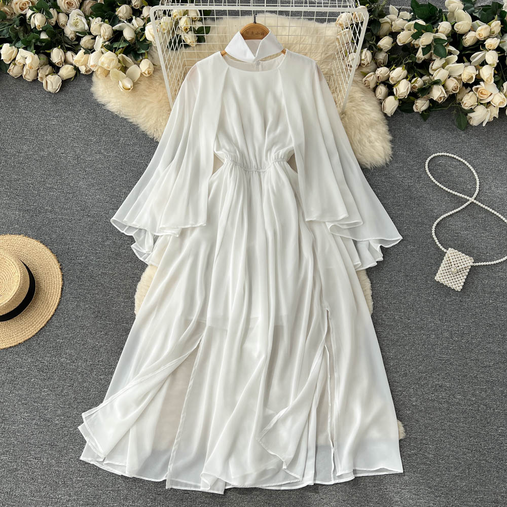 New Red Casual Dresses White Summer Solid Slim Full Lady Dress A Line O Neck Chiffon Mid-Calf Pullover High Waist Women Dresses 2023