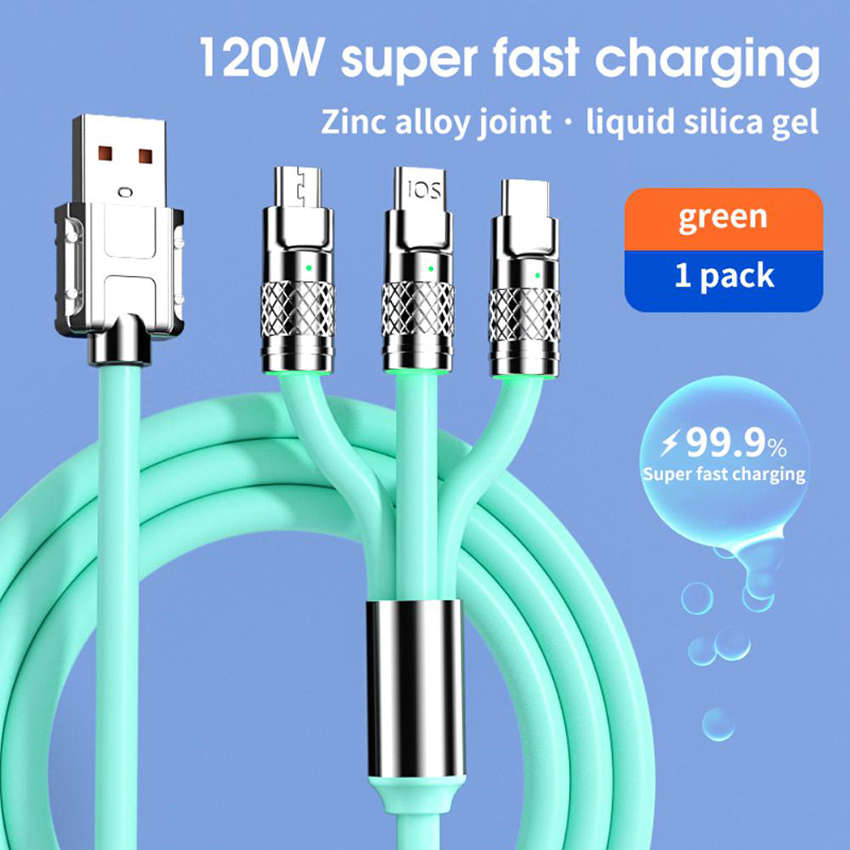 Câble de chargement rapide 3 en 1 6A 120W, métal liquide et Silicone, type-c, câble de chargement de données Micro USB, ligne 1.2M, pour iPhone et Android