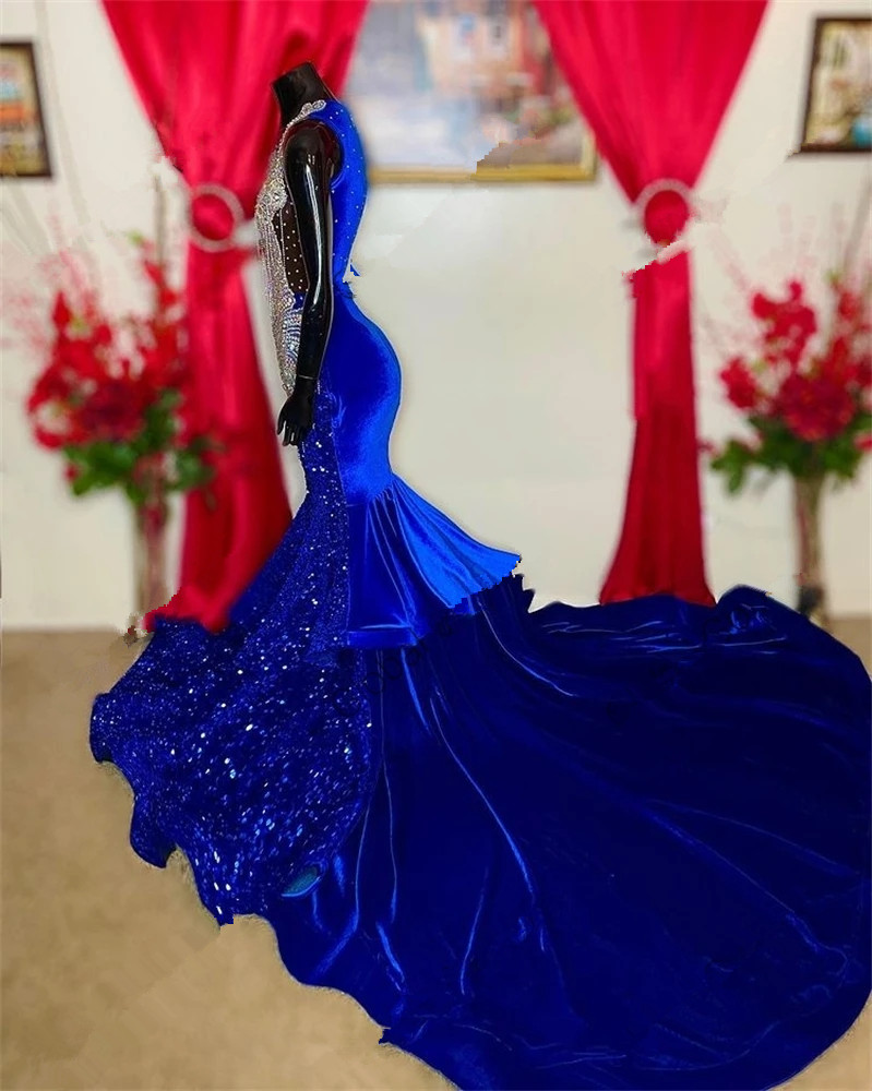 Sparkly Royal Blue O Collo Abiti da ballo lunghi ragazze nere 2023 Paillettes Gillter Mermaid African Aso Ebi Abito da sera