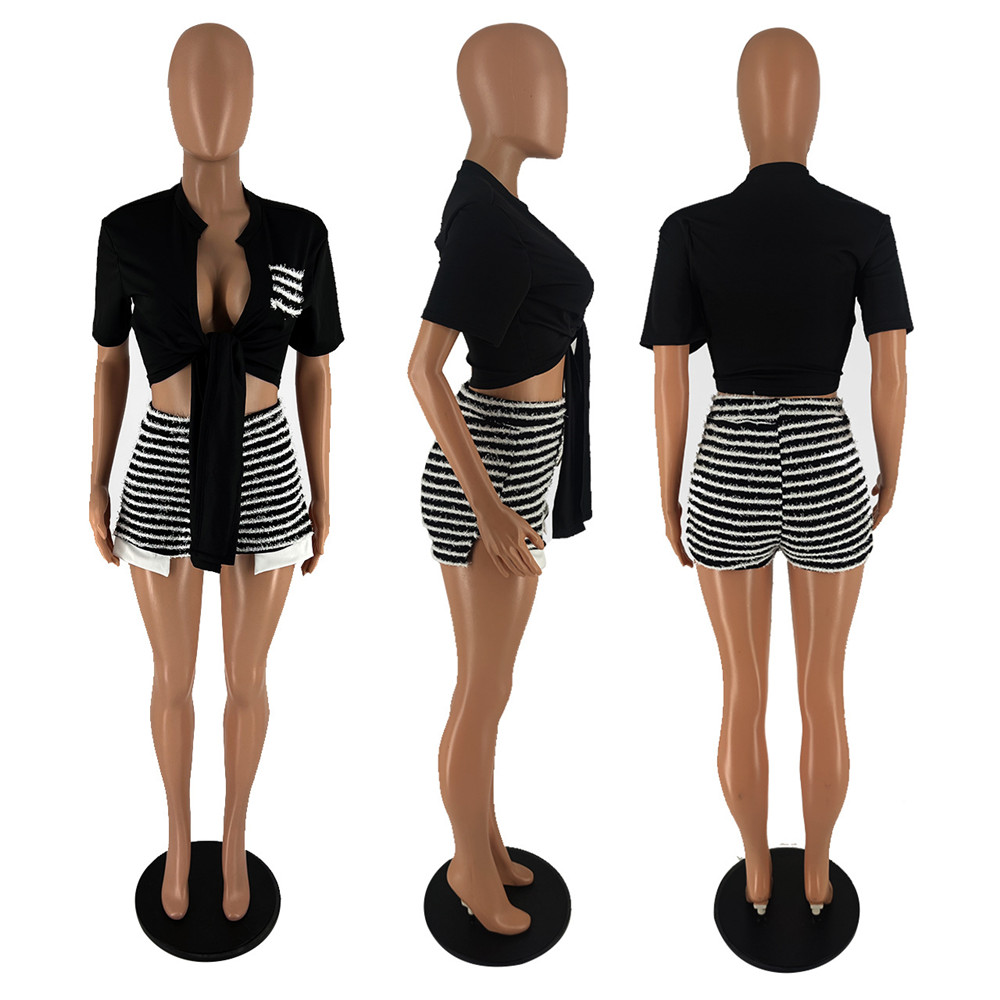 2023 디자이너 여름 트랙 슈트 2 조각 세트 여성 복장 짧은 슬리브 붕대 셔츠와 줄무늬 반바지 일치하는 스포츠웨어 조깅 조그 수트 도매 9628