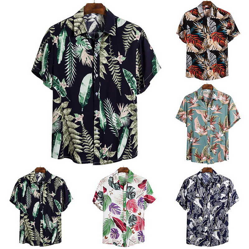 Camisas casuales para hombres Camisa de manga corta de verano de poliéster y algodón para hombres Patrón tropical Transpirable Playa hawaiana Camisas masculinas Blusa casual para hombres W0328