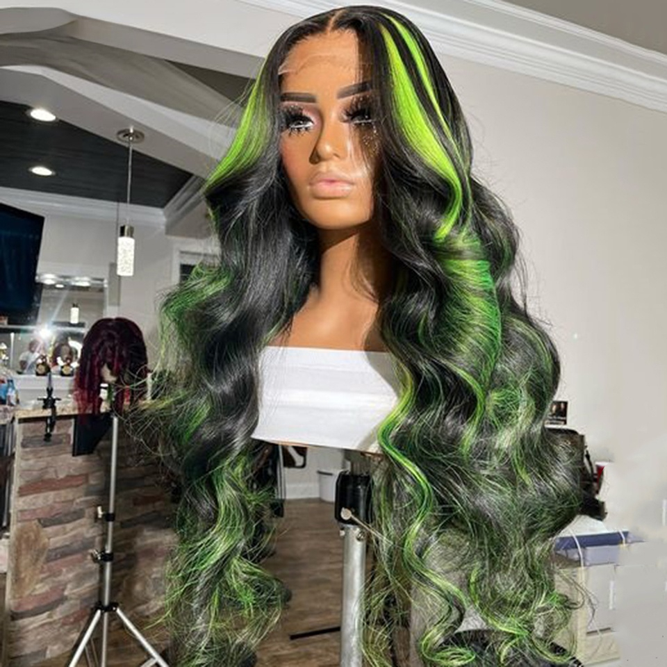 Long Brazilian Hair Body Wave Purple Wig Transparent Lace Front Wig Green/Grey/Pink Highlight Wigs for Women Synthetic Heat Resistant