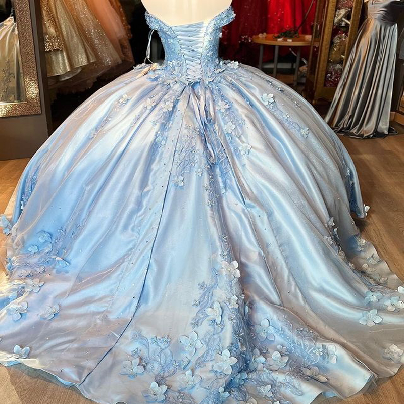Glittering Sky Blue Off-Shoulder Quinceanera Dresses Beading 3DFlower Applique Vestidos De 15 Anos Birthday Party Ball Gown Corset