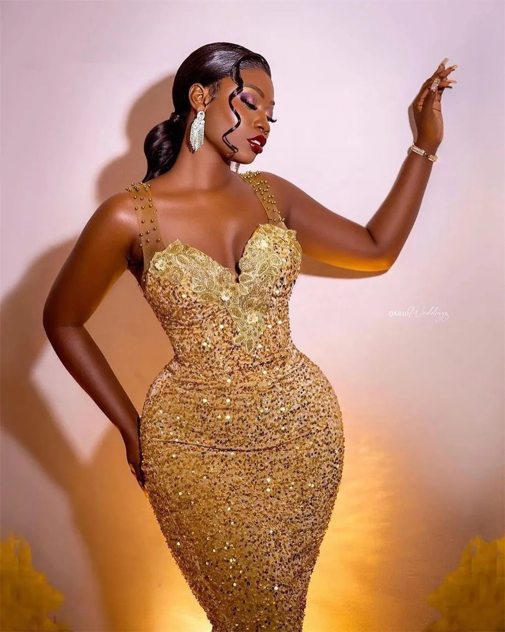 Luxury Gold Sequins Formal Evening Dresses Long 2023 Spaghetti Lace Appliques Beaded Plus Size Prom Party Gowns Vestidos De Novia