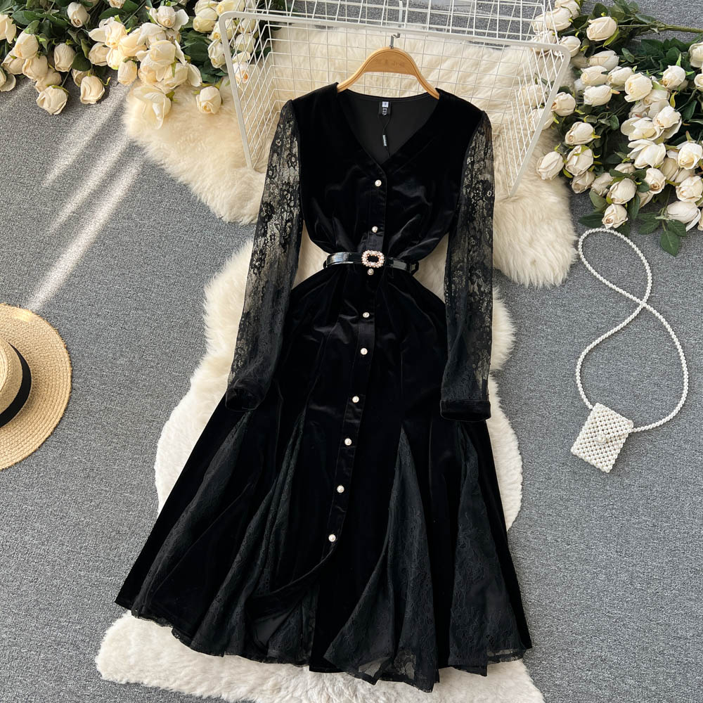 Novos vestidos casuais Spring outono sólido slim buttle full vestido de senhora A Linha V pescoço de chiffon Single Wasted Women Dresses 2023 Black