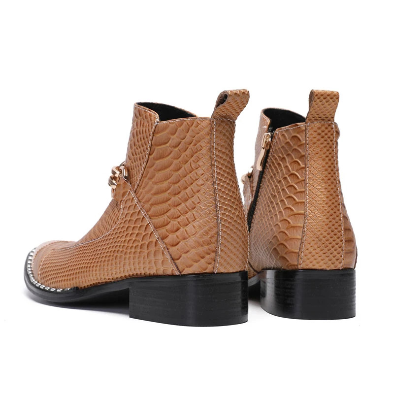 Botas masculinas de luxo, botas de couro marrom, botas de tornozelo de couro marrom, com zíper de caldo de moda de metal, US6-US12