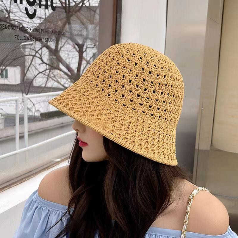 Wide Brim Hats Women's Bucket Hat Hollow-Out Summer Hats for Female Outdoor Woven Straw Beh Caps Korean Style Fashion Hat Fisherman Cap P230327