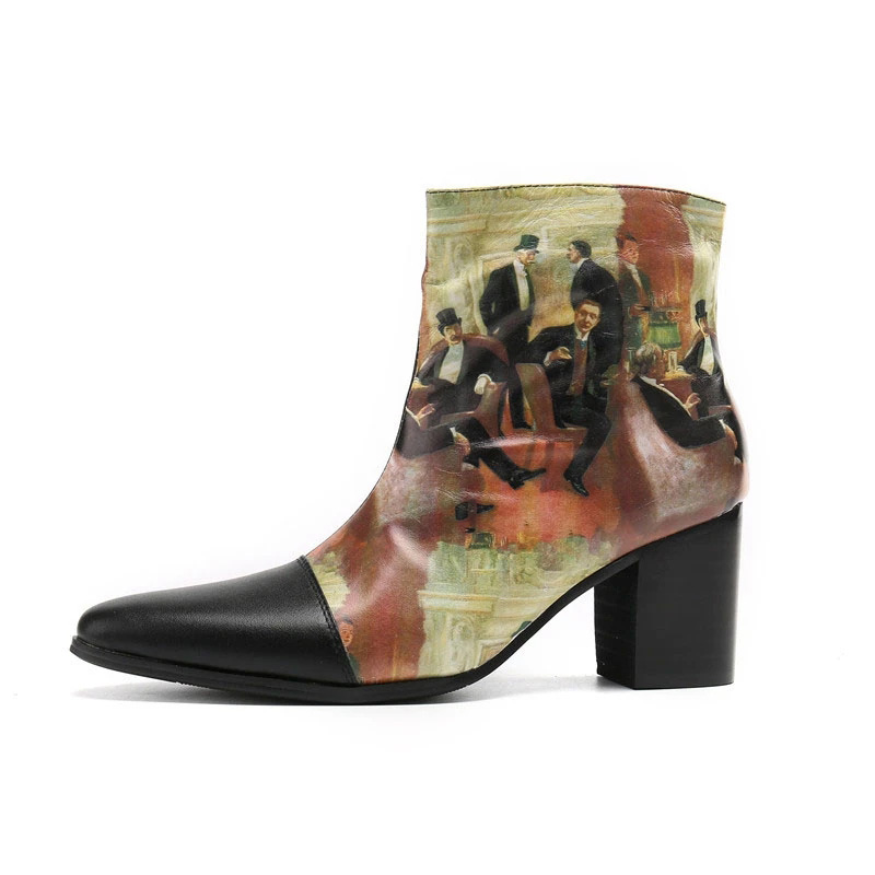 Fashion Personality Black Print Short Boots Men Britse stijl herenschoenen puntig Toe Knight/Party/Show Botas Hombre!