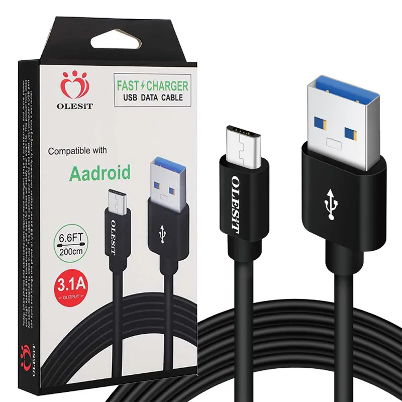 Olesit 3.1A Fast Charger USB-kabel 1M 2M 3M Micro USB A till typ C-laddare Datatyp-C-kabel för Xiaomi Samsung Huawei Black White med detaljhandelsförpackning