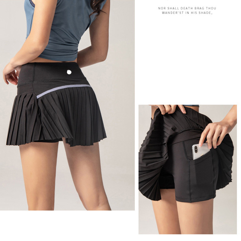 lu Women Sport Yoga Skirts Workout Shorts Solid Color ll Pleated Tennis Golf Skirt Anti Exposure Fitness Short Skirt DK09