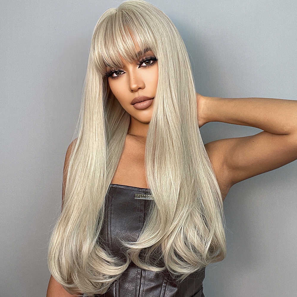 Perruques Synthétiques Easihair Longues Perruques Synthétiques Blanches pour Femmes Platine Blond Clair avec Frange Cheveux Naturels Résistant à la Chaleur Cosplay Perruque 230227