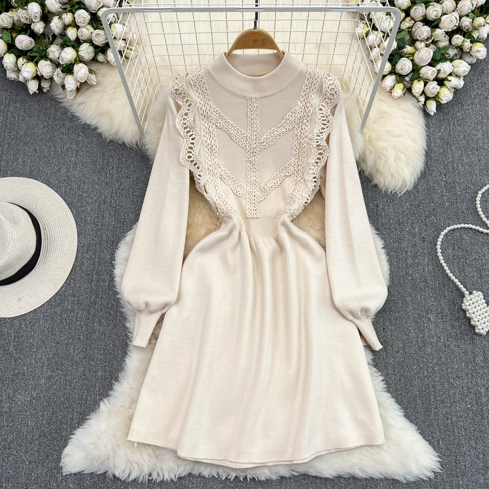 Elegant O-neck Mesh Dress Women Summer Puff Sleeve A-line Patchwork Sequined Embroidery Floral Knitted Robes Mujer 2023