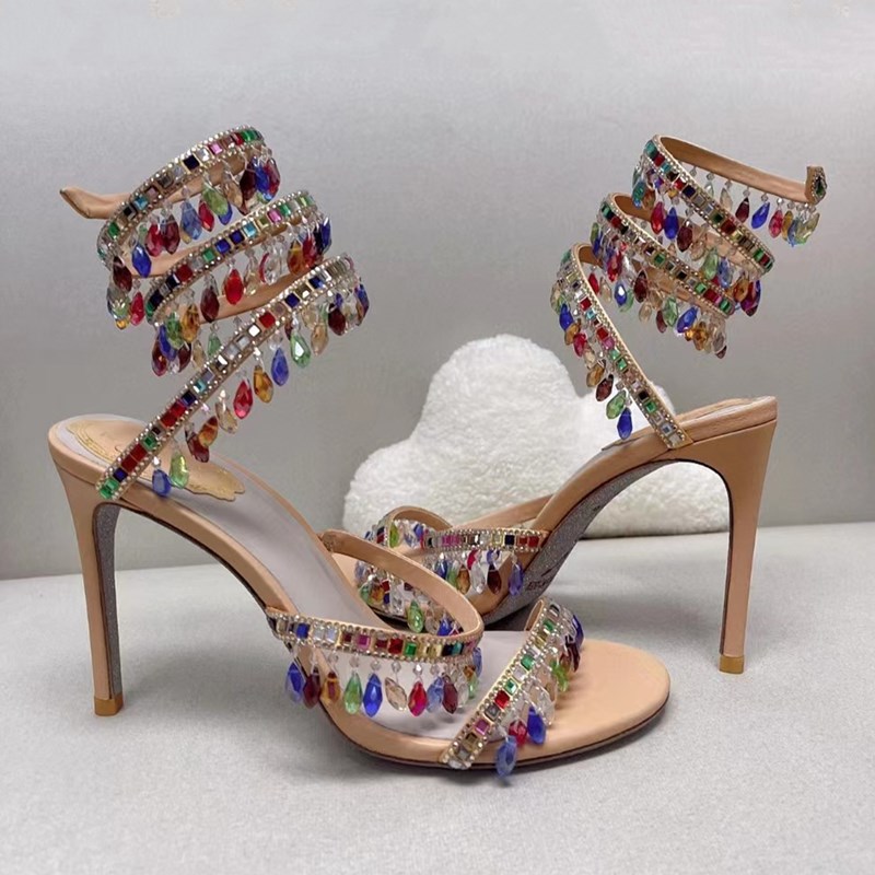 Sandálias de salto alto sapatos sociais sandália designer de luxo cristal tira no tornozelo enrolamento 10mm salto agulha elegante para mulher rene caovilla tamanho 35-43
