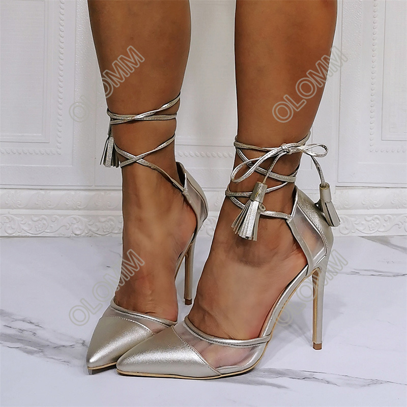 Olomm New Arrival Handmade Women Pumps Strappy Sexy Stiletto Heals Pointed Toe Light Gold Sapatos de Baile Feminino EUA Tamanho 5-15