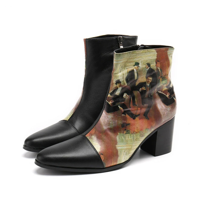 Fashion Personality Black Print Short Boots Men Britse stijl herenschoenen puntig Toe Knight/Party/Show Botas Hombre!