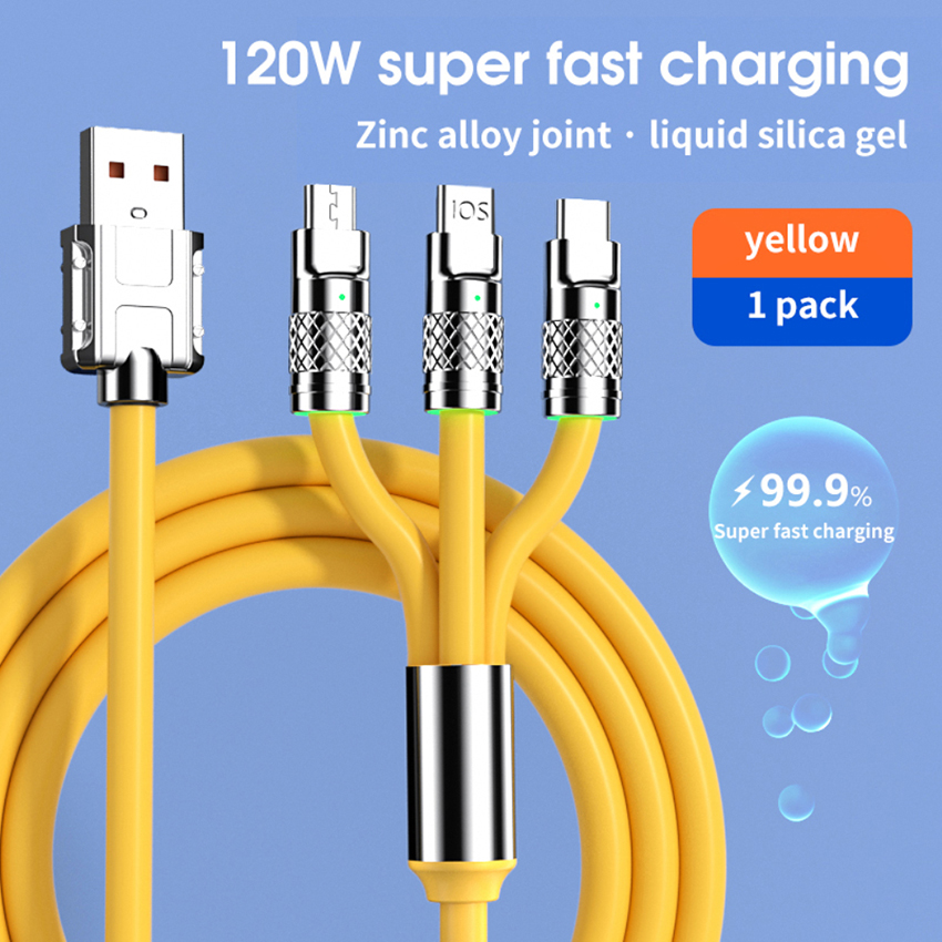 3 I 1 Fast laddningskabel 6A 120W Metal Liquid Silicone Type-C Micro-USB Data Charger Cable 1.2m Line For iPhone Android