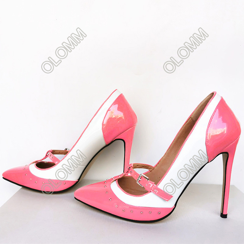 Olomm New Women Pumps T-rempatentläder Stiletto Heel pekade Toe Gorgeous Multi Dress Party Shoes Women US Storlek 5-15