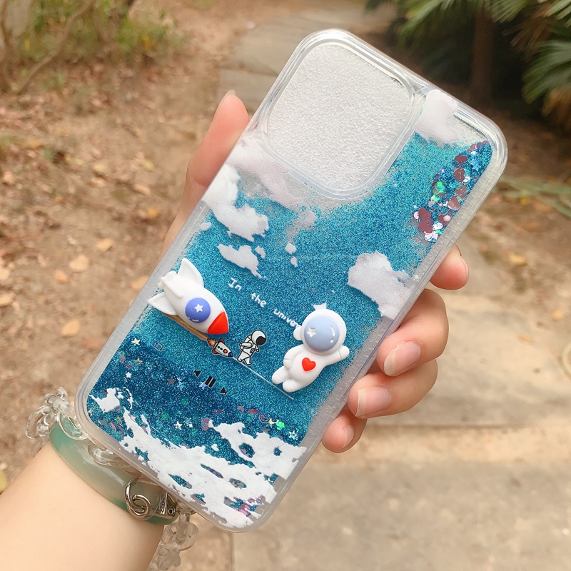 3D Astronaut Quicksand Cases voor iPhone 14 13 Telefoon14 12 11 Pro Max XR XR XS 8 7 Rocket Bling Hart Love Glitter Sparkle Floating Clear Liquid Soft TPU Telefoonbedekking Stand