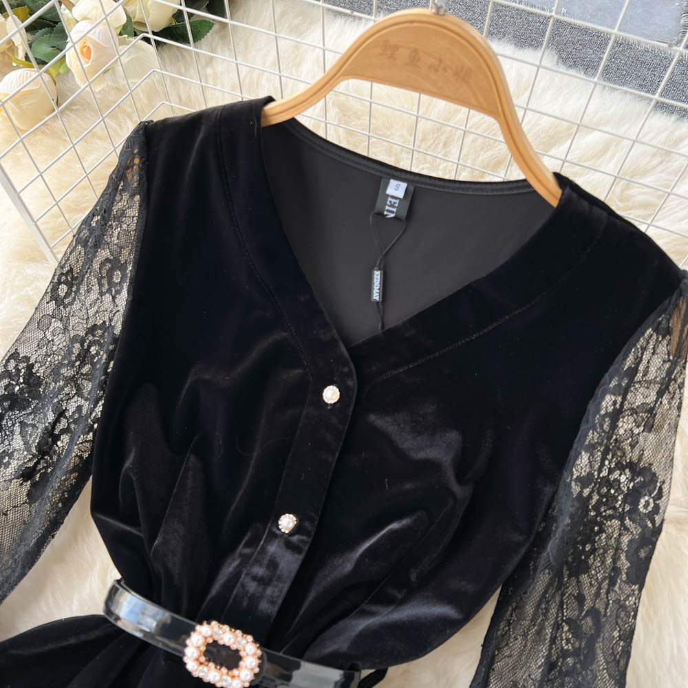 Nouvelles robes décontractées printemps automne solide mince bouton complet dame robe une ligne col en V en mousseline de soie simple boutonnage femmes robes 2023 noir