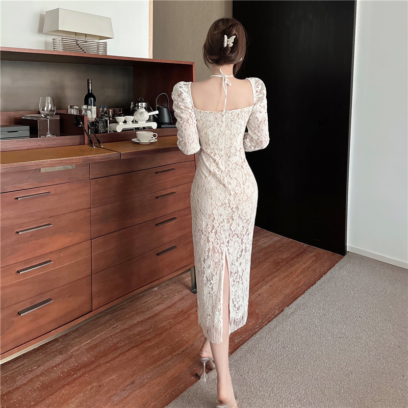 Women's spring summer lace halter neck long sleeve slim waist midi long party dresses vestidos SML