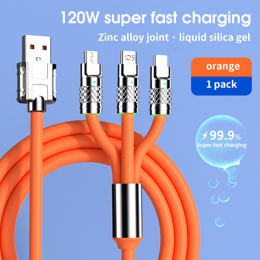 3 In 1 Fast Charging Cable 6A 120W Metal Liquid Silicone Type-C Micro-USB Data Charger Cable 1.2M Line For iPhone Android