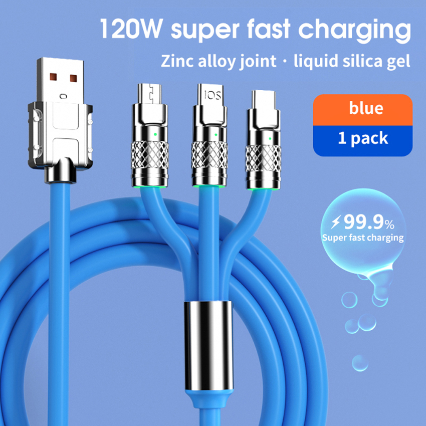 3 In 1 Fast Charging Cable 6A 120W Metal Liquid Silicone Type-C Micro-USB Data Charger Cable 1.2M Line For iPhone Android