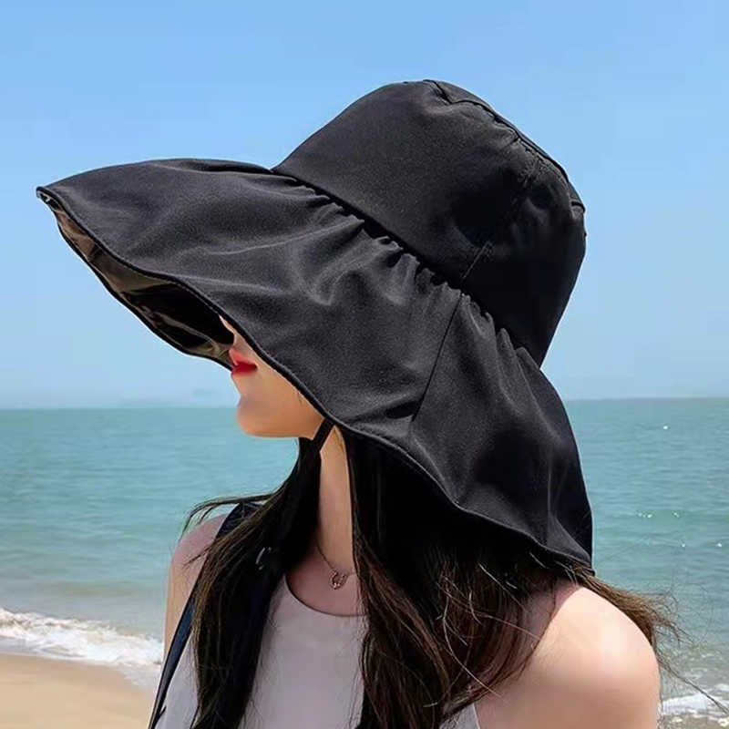 Wide Brim Hats Blk Rubber Sunscreen Hat Women's Summer Foldable Large Brim Sunshade Fisherman's Hat UV Protection Sun Hat P230327