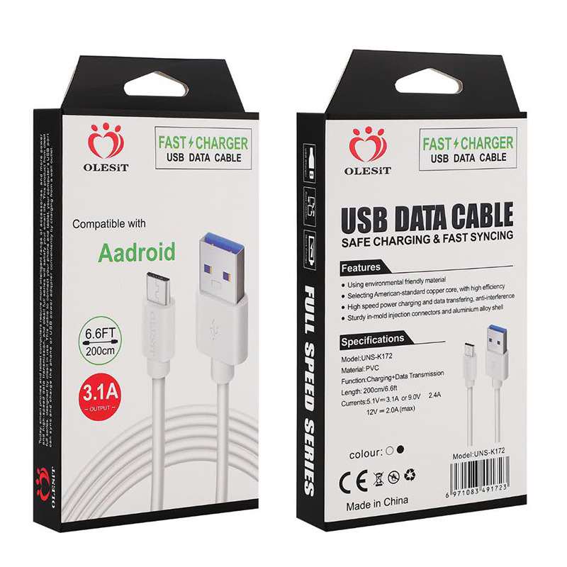 Olesit 3.1A Fast Charger USB-kabel 1M 2M 3M Micro USB A till typ C-laddare Datatyp-C-kabel för Xiaomi Samsung Huawei Black White med detaljhandelsförpackning