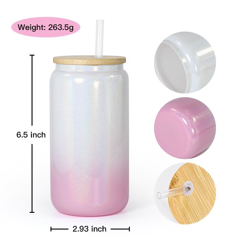 تسامي 16oz Glitter Gradient Glass Can Tumbler Creative Feather bottle with lid and Straw Summer Drinkware Mason Jar Ju2456