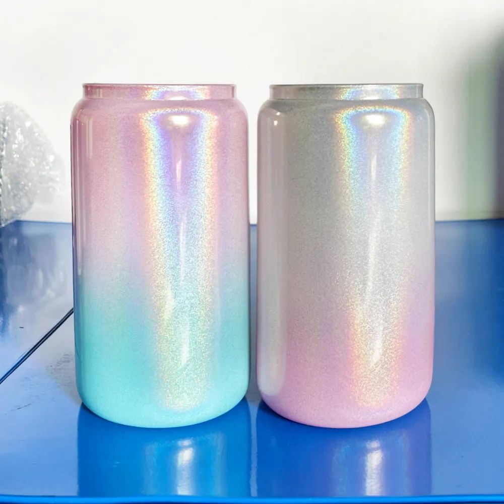 Сублимационная 16 унций блестящего градиентного стеклянного стакана, креативная бутылка в форме блесток с крышкой и соломинкой, летняя посуда для напитков Mason Jar Ju2456