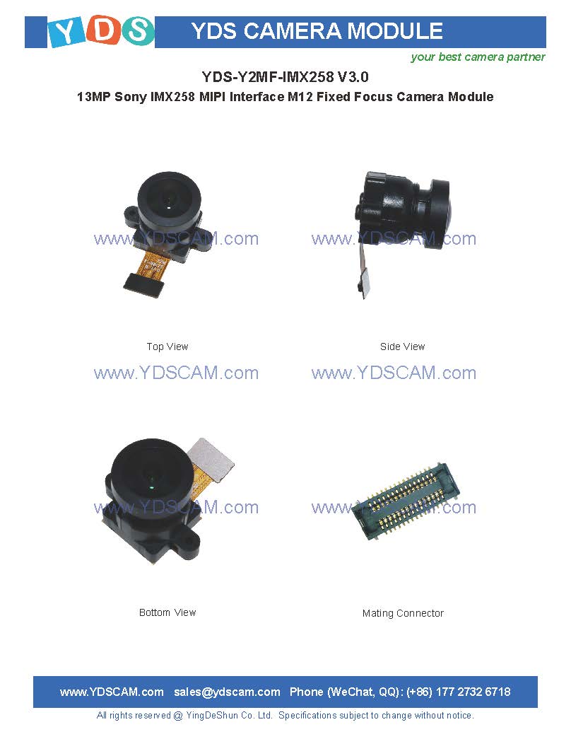 YDS-Y2MF-IMX258 v3.0 FAKE CAMERAS 13MP IMX258 MIPI-interface M12 Vaste focuscameramodule