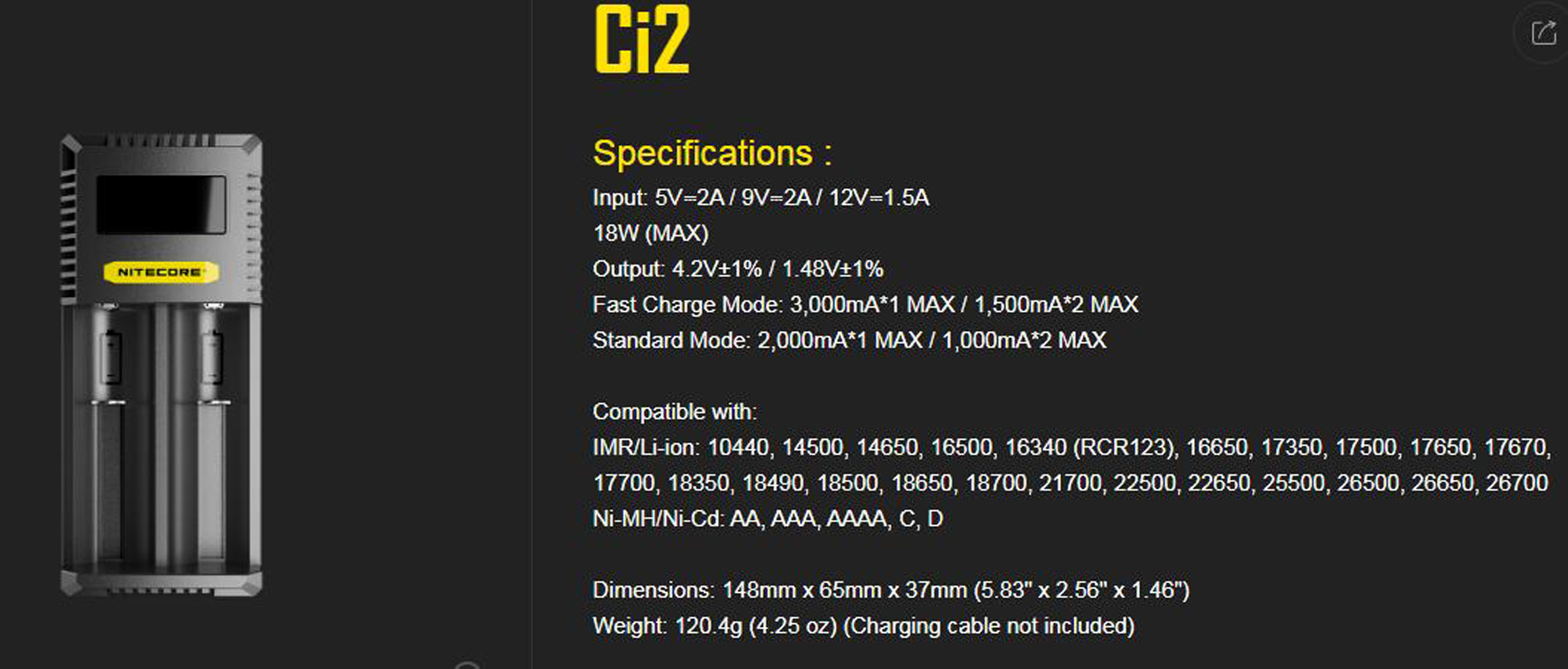 Authentieke Nitecore CI2 QC Charger Digicharger LCD Display Fast Intelligent Dual 2 Slots PD USB-C lading voor IMR 18650 21700 Universal Li-ion-batterij versus UI2 UM2 D2 SC2 I2