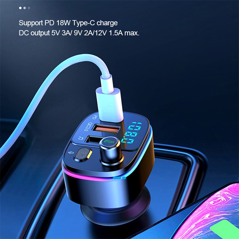 Car FM Transmitter Bluetooth-compatible Vehicle Battery Chargers 5.0 Handsfree Mp3 Player PD Type C QC3.0 USB Fast Charge Colorful Light Accessories T65