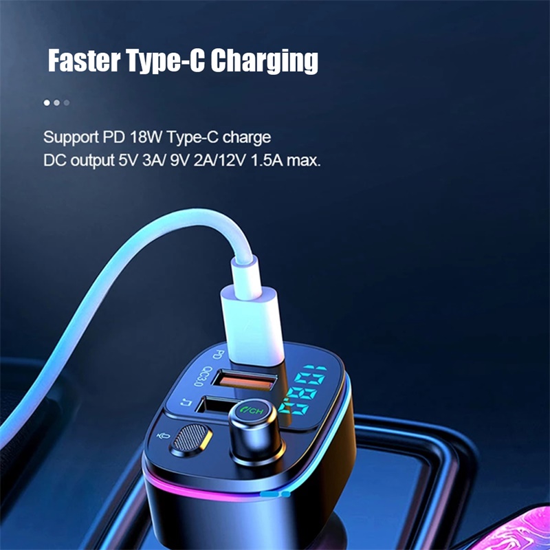 Car FM Transmitter Bluetooth-compatible Vehicle Battery Chargers 5.0 Handsfree Mp3 Player PD Type C QC3.0 USB Fast Charge Colorful Light Accessories T65