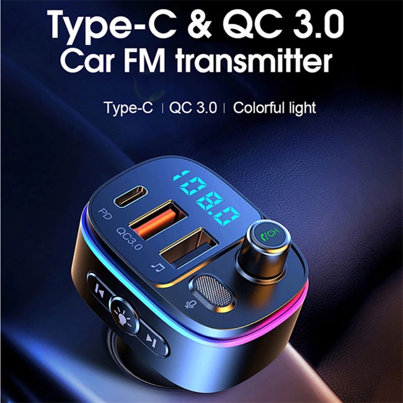 Car FM Transmitter Bluetooth-compatible Vehicle Battery Chargers 5.0 Handsfree Mp3 Player PD Type C QC3.0 USB Fast Charge Colorful Light Accessories T65