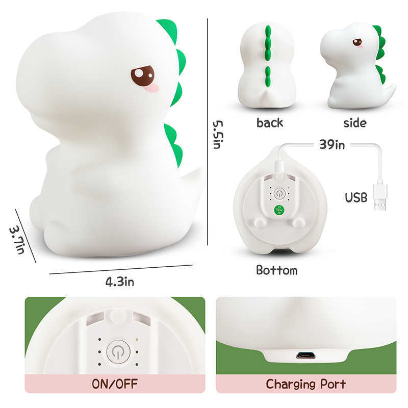 Night Lights RGB Color Touch Sensor Baby Night Lights Hartron Dinosaur Silicone Child Night Lamp USB Rechargeable Remote Control Bedroom Lamp P230331