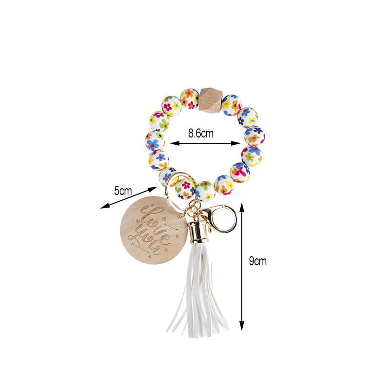 Moda Heart Flower Silicon Beads Tassel Keychain Letter Wood Letra de Bracelete de Disco de Madeira Chavejando para Mulheres Presentes de Joias de Meninas