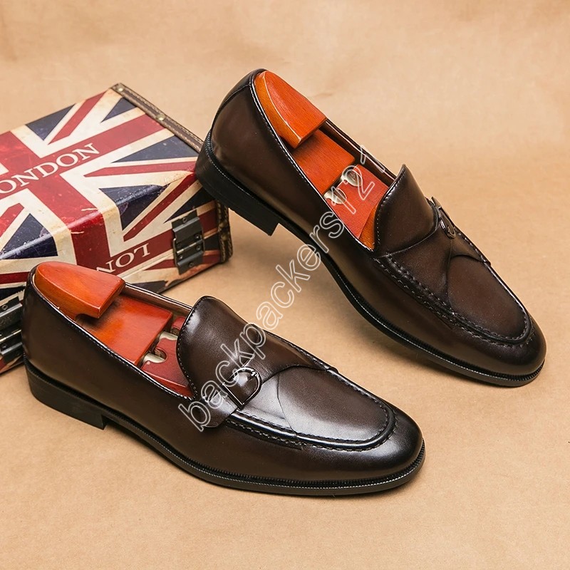 Nieuwe Men Dress Shoes Loafers Brown Square Toe Slip-on Business Wedding Heren Schoenen Gratis verzending Handmade