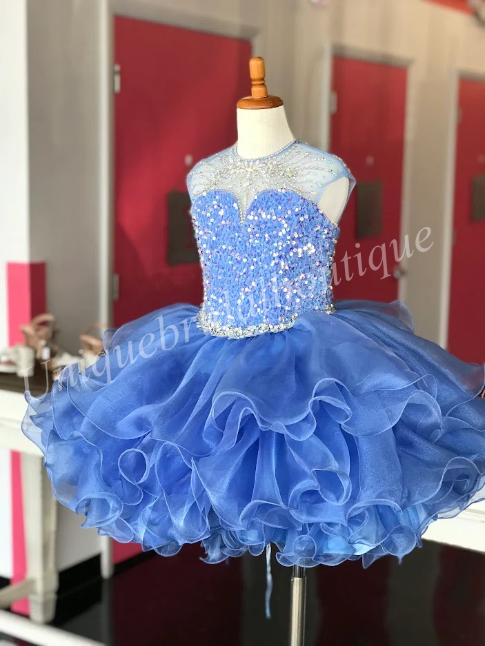 Dziewczyna Cupcake Pageant Dress for Little Miss 2023 Royal Blue Cekin Glitz Baby Kids Urodziny Formalna suknia na przyjęcie Niemowlę Maluch Projektant Spódnica z falbankami Mini Real Image