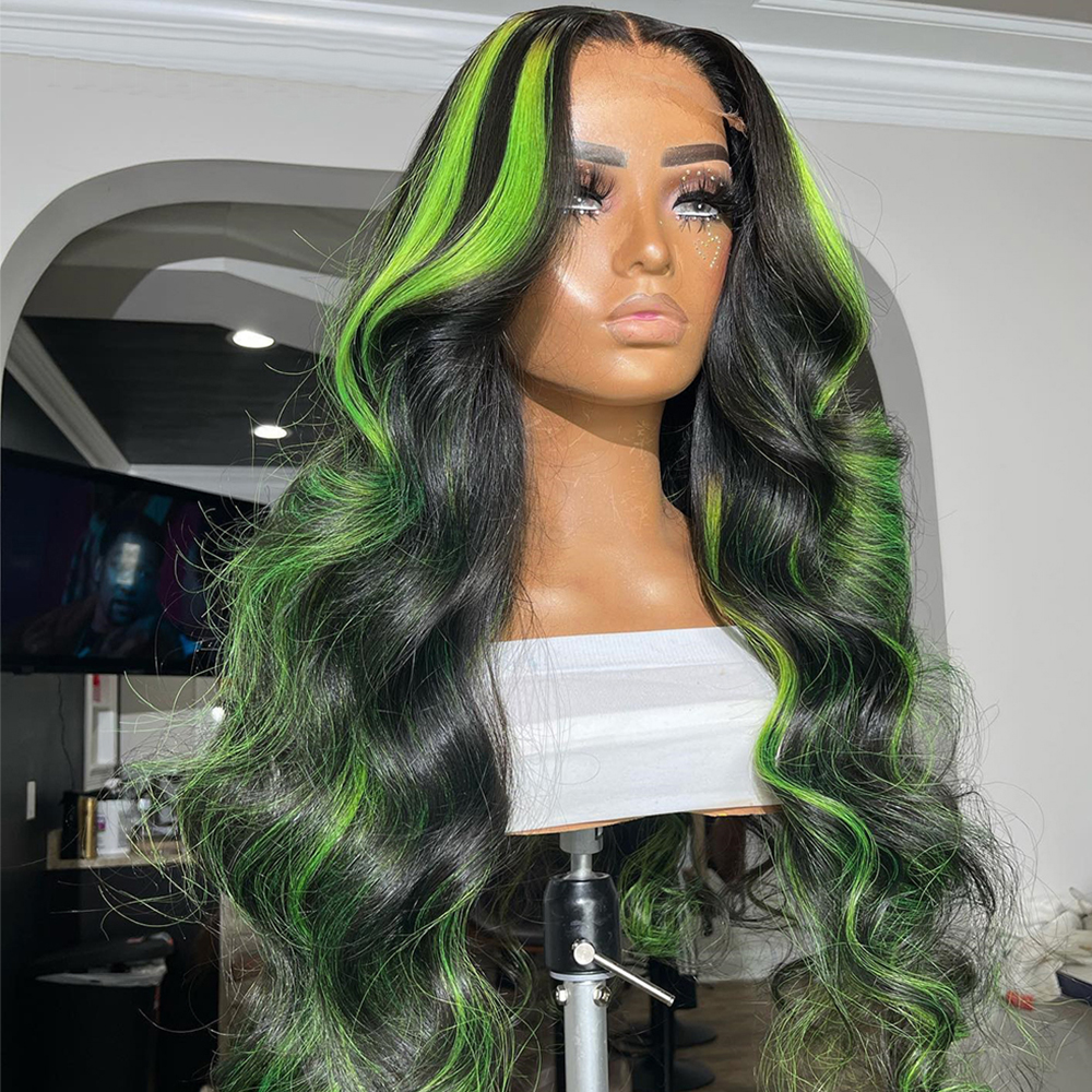 Brasilianisches Haar Highlight Grün Lace Front Perücken 38 Zoll Ombre Farbige Körperwelle Lace Front Perücke HD Lace Frontal Synthetische Perücke