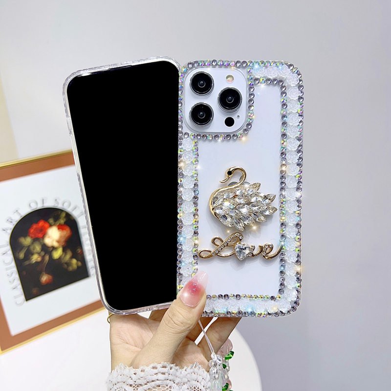 3D Swan Bling Rhinestone Cases for iPhone 14 Pro Max 13 12 11 X XR XS 8 7 Plus Fashion Sloy Sweat Tpu Flower Love Lady Lady Girls Women Women Back Cover Skin Strap