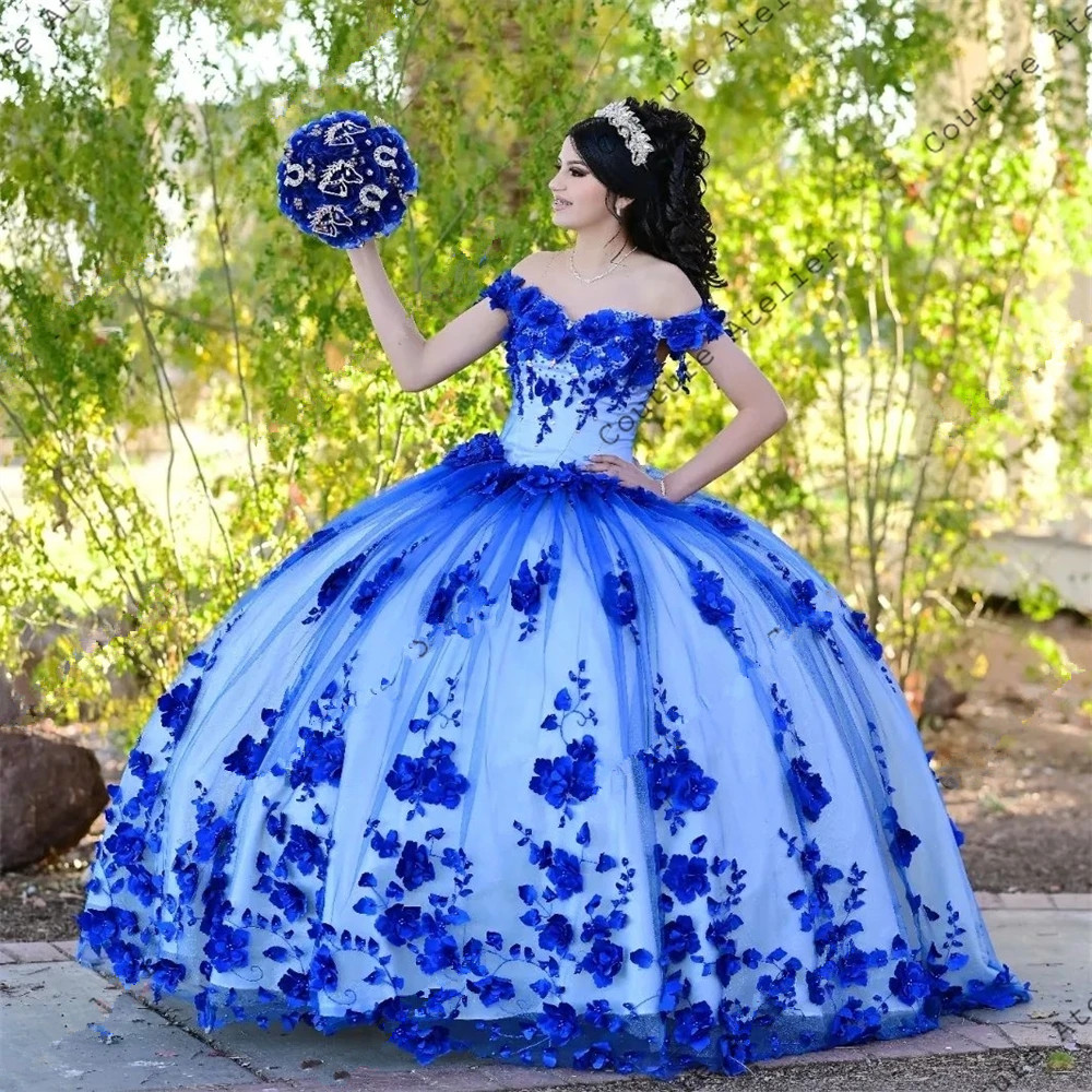 Royal Blue Pärlor 3D-blommor quinceanera klänningar från axeln snörning korsett prinsessan prom vestidos de quinceanera