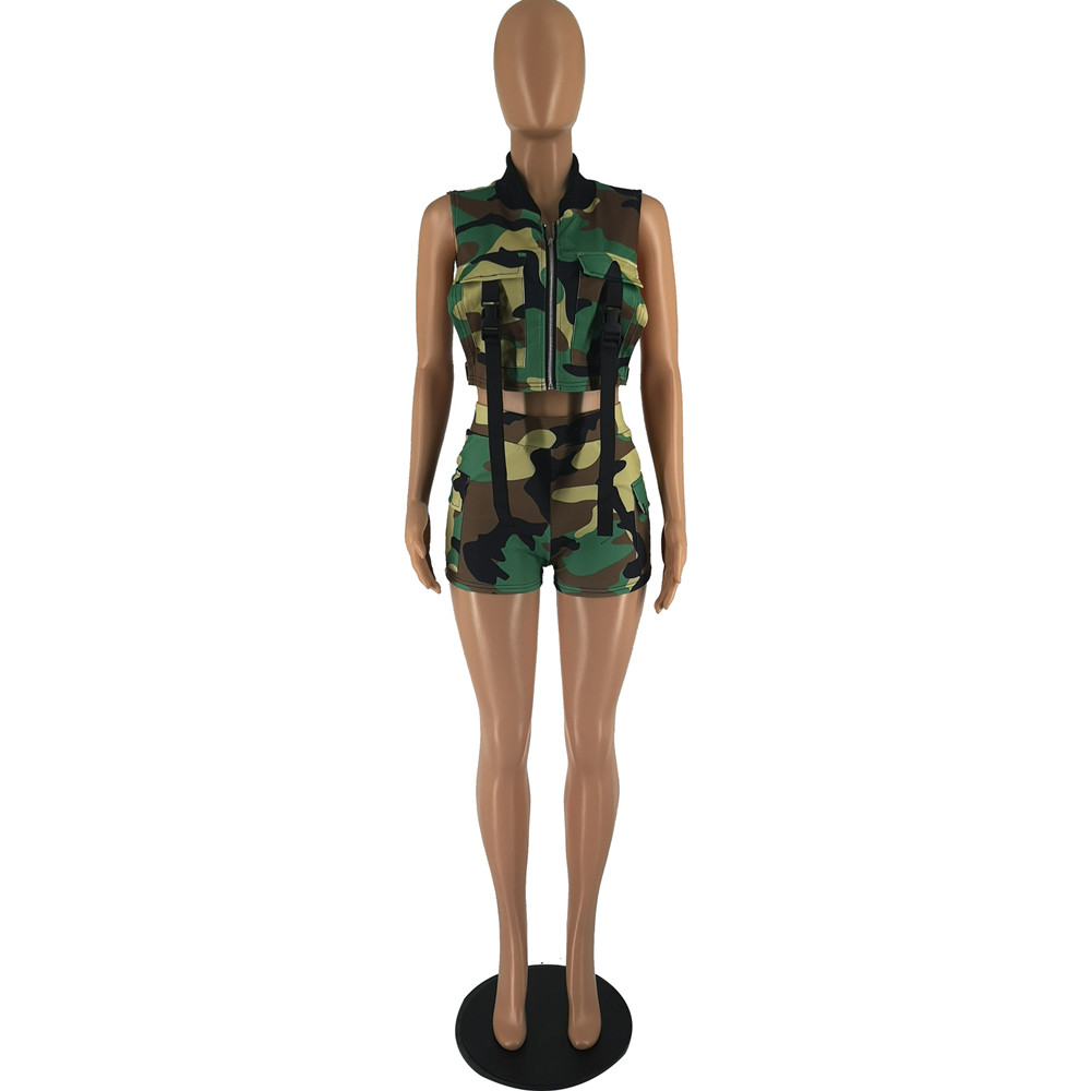 Bulk Wholesale Women Clothes Tracksuits Set Camouflage Sleeveless Tank Tops Pocket Shorts Two Piece Set Tracksuits Outfits 9634