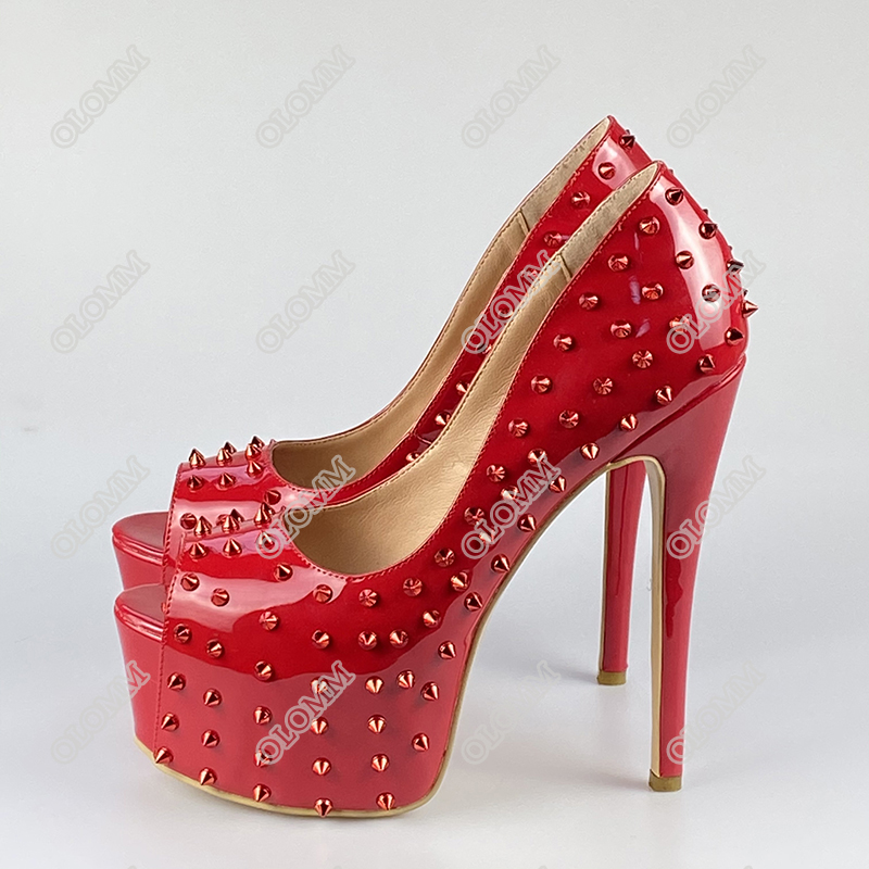Olomm Women Summer Pumps Studded Stiletto Stiletto Nice Peep Toe Elegante Black Red Night Club Shoes Women Plus US Size 5-20