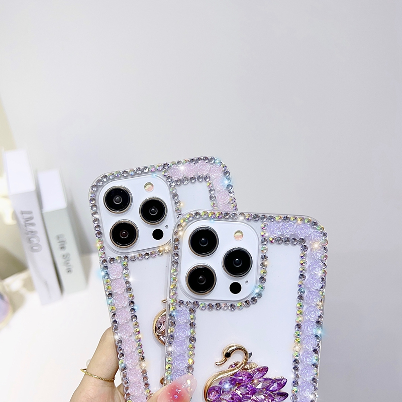 3D Swan Bling Diamond Cases For Iphone 14 Pro Max 13 12 11 X XR XS 8 7 Plus Fashion Luxury Shinny Soft TPU Rhinestone Flower Love Lady Women Phone Back Cover Skin Strap