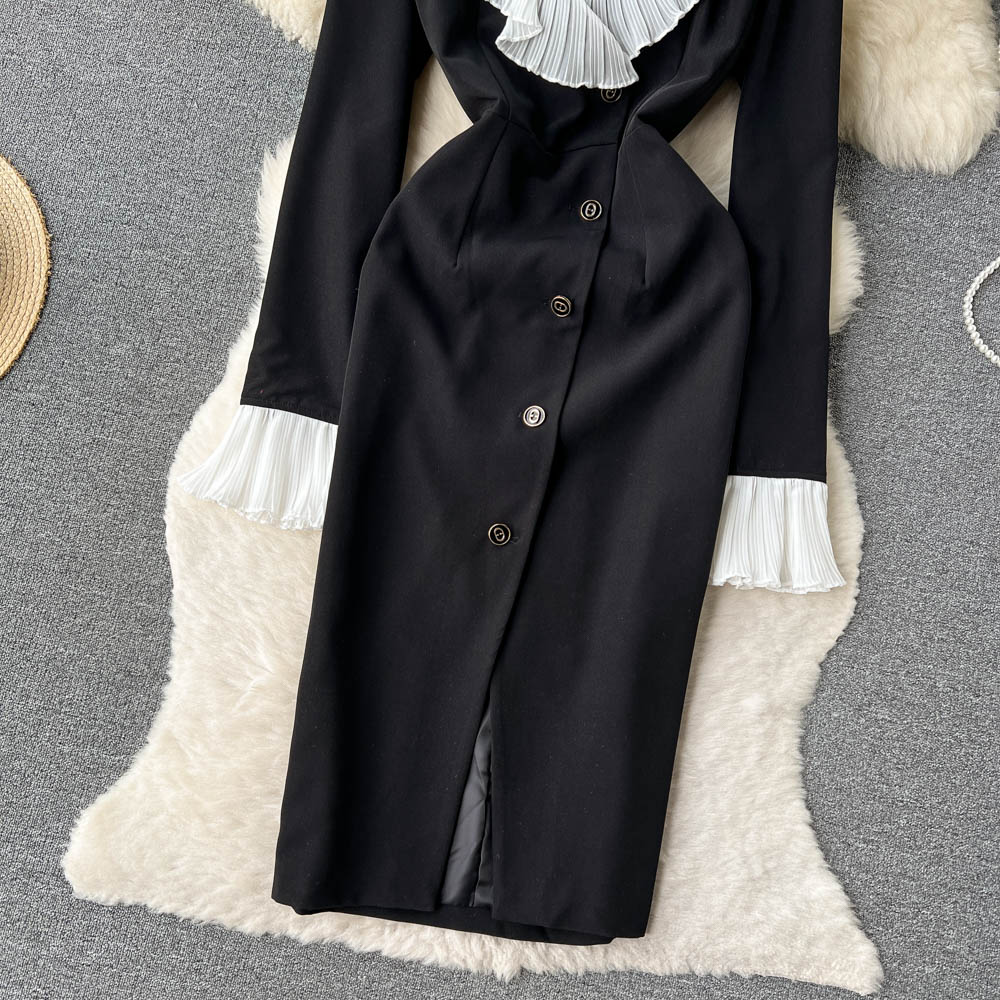 New Casual Dresses Vintage Spring Autumn Solid Slim Full Button Lady Dress A Line V Neck Chiffon Pullover Mid-Calf Women Dresses2023