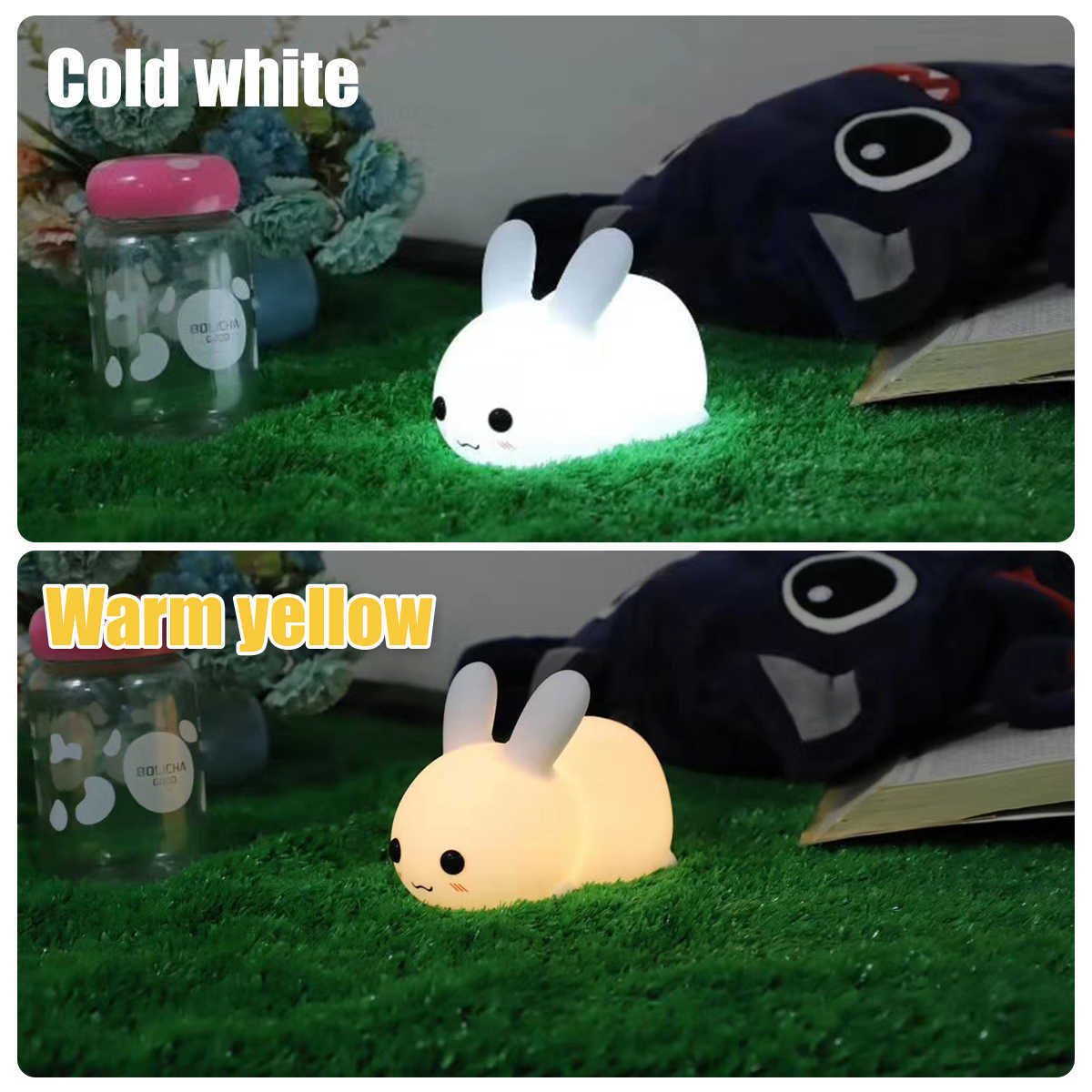 Luzes noturnas Rabbit Silicone Touch Lamp Night Light Light Usb recarregável à beira da cabeceira 2 Cor 2 Cor de coelho