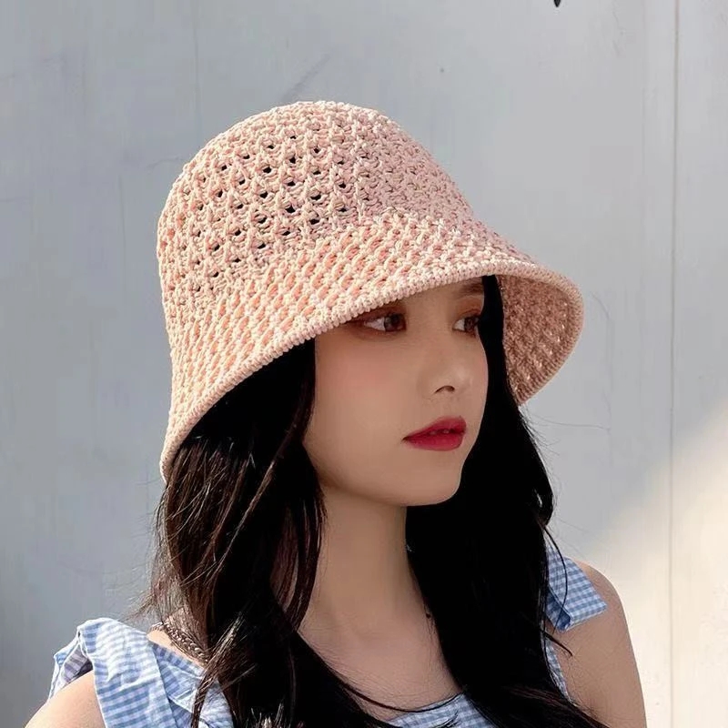 Frauen-Eimer-Hut-aushöhlen-Heraus-Sommer-Hüte für weibliches im Freien gewebtes Stroh-Strand-Kappen-koreanische Art-Mode-Hut-Fischer-Kappe