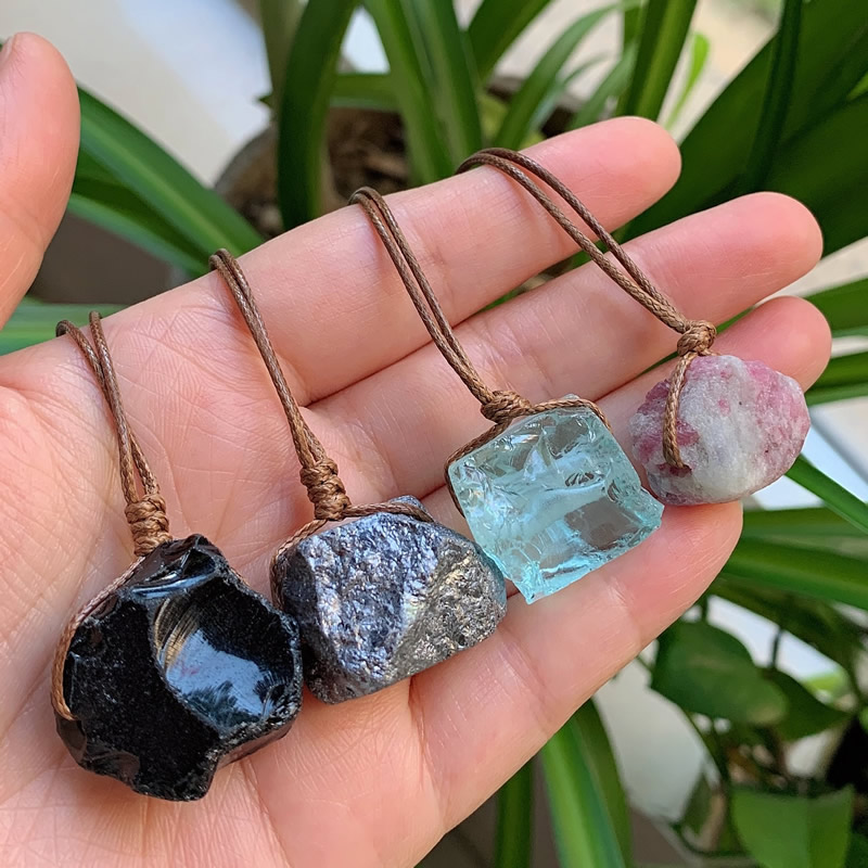 Irregular Ore Raw Mineral Natural Crystal Pendant Adjustable Rope Necklace Healing Amethyst Lapis Chakra Stone Pendulum Pink Crystal Collier