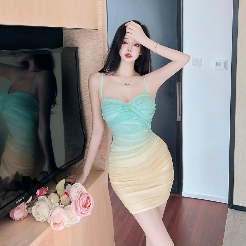 Women's spaghetti strap gradient color stretchy gauze fabric bodycon tunic pencil short dress SML